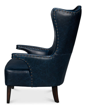 Sarreid Drake Distilled Leather Chair - Elegant Chateau Blue With Antique Brass Nail Heads For Luxury Living Blue  54099
