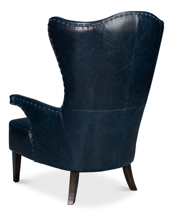 Sarreid Drake Distilled Leather Chair - Elegant Chateau Blue With Antique Brass Nail Heads For Luxury Living Blue  54099