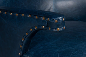 Sarreid Drake Distilled Leather Chair - Elegant Chateau Blue With Antique Brass Nail Heads For Luxury Living Blue  54099