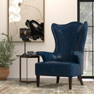 Sarreid Drake Distilled Leather Chair - Elegant Chateau Blue With Antique Brass Nail Heads For Luxury Living Blue  54099