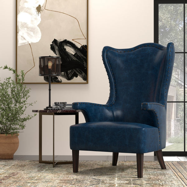 Sarreid Drake Distilled Leather Chair - Elegant Chateau Blue With Antique Brass Nail Heads For Luxury Living Blue  54099