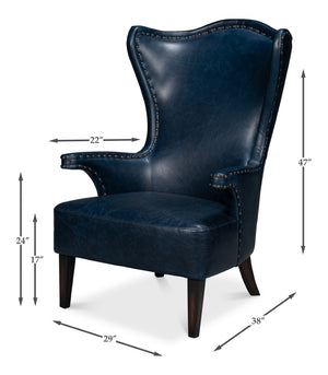 Sarreid Drake Distilled Leather Chair - Elegant Chateau Blue With Antique Brass Nail Heads For Luxury Living Blue  54099
