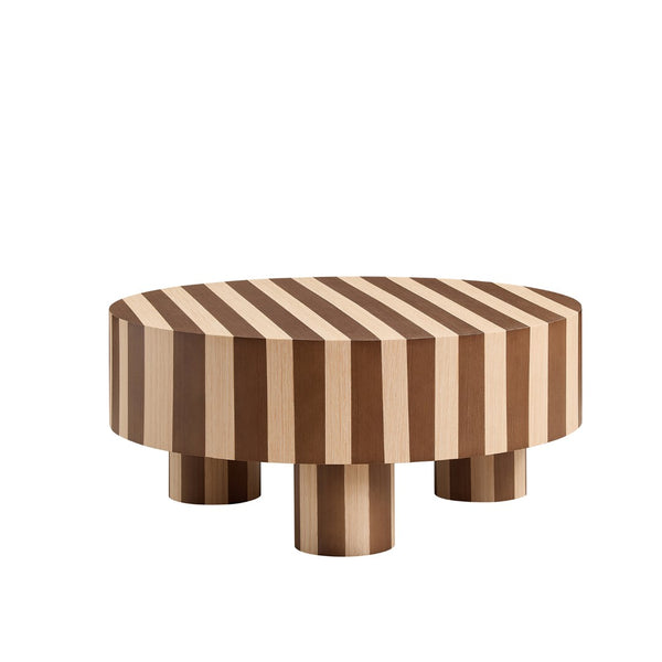 English Elm Round Red Oak Veneer Coffee Table Low Profile Two Tone Striped Modern Living Room Natural,Walnut W2085P384773