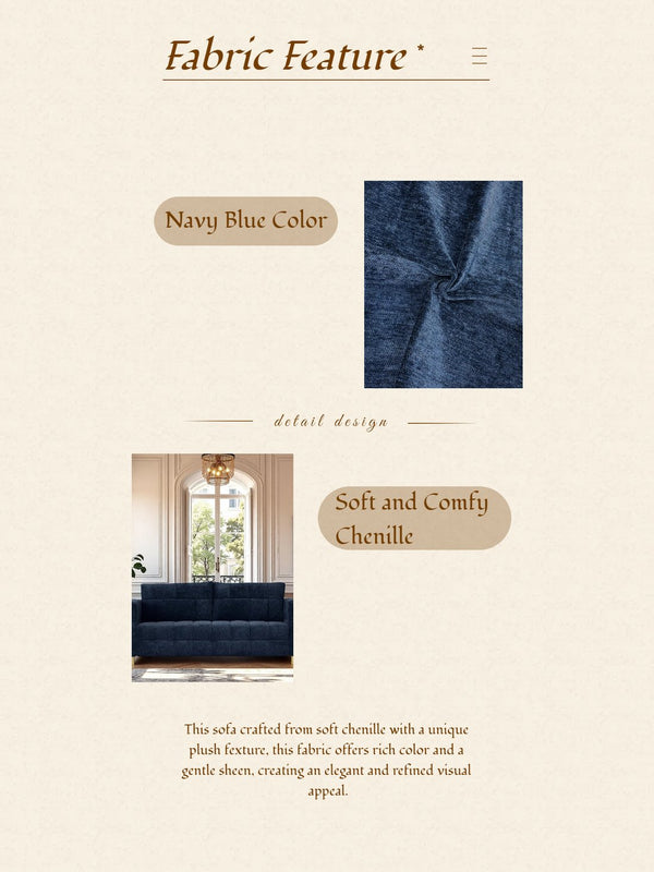 English Elm FX-P54-RB Modern Chenille 3-Seater Sofa with Wide Arms, Tufted Box Stitching & Stainless Legs for Durable Comfort Retro Blue W576S00170