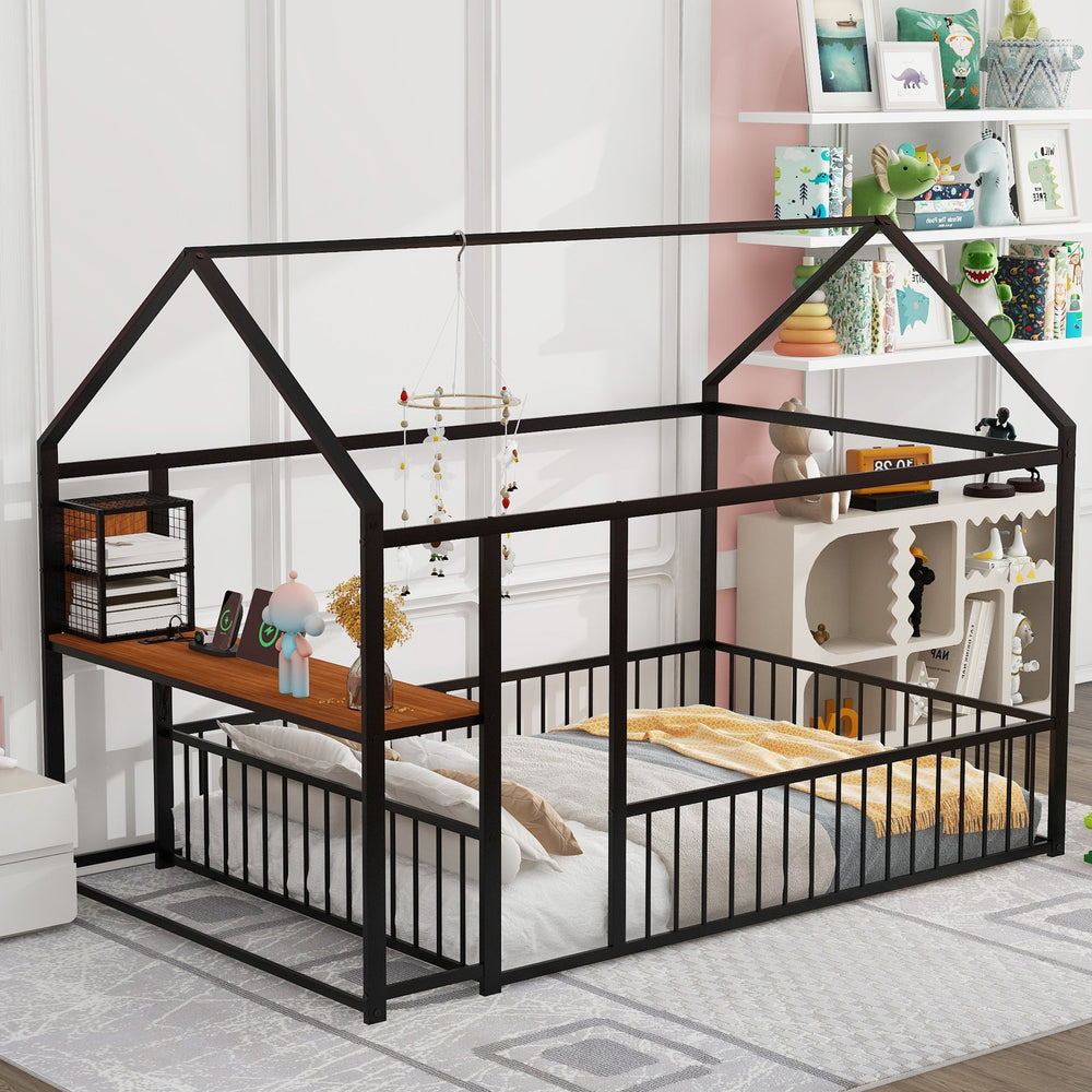 English Elm Full Size Metal House Bed Frame with Desk, Shelves, USB Power Ports & Playful Roof for Kids Room Delight Black N737P173491B