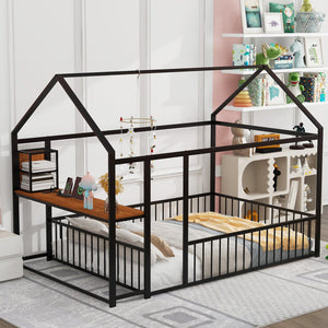 English Elm Full Size Metal House Bed Frame with Desk, Shelves, USB Power Ports & Playful Roof for Kids Room Delight Black N737P173491B