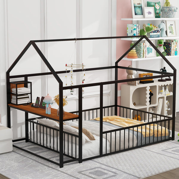 English Elm Full Size Metal House Bed Frame with Desk, Shelves, USB Power Ports & Playful Roof for Kids Room Delight Black N737P173491B