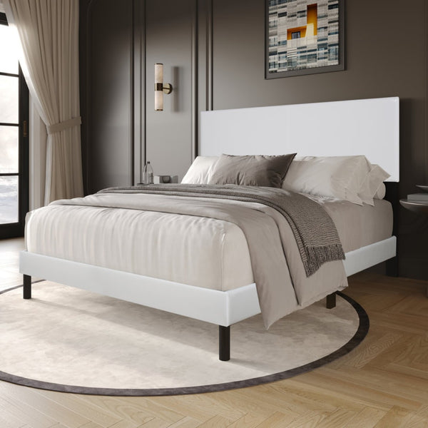 English Elm Modern White Pu Leather Platform Bed Upholstered Frame with Wood Slat Base Support B2771P498523