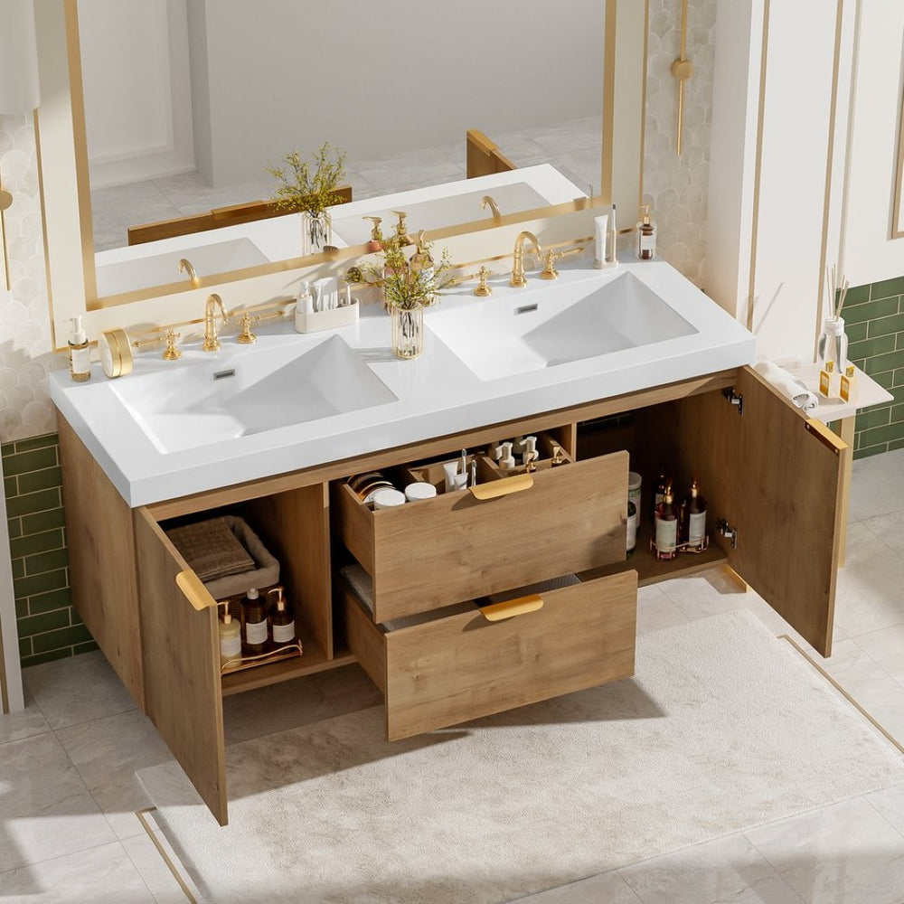 English Elm [video]59.3 Inch Wall Mounted Double Sink Vanity Wood Grain Mdf Soft Close Storage N729P000027N