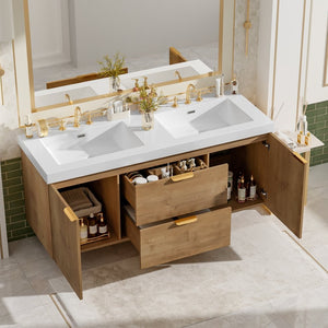 English Elm [video]59.3 Inch Wall Mounted Double Sink Vanity Wood Grain Mdf Soft Close Storage N729P000027N