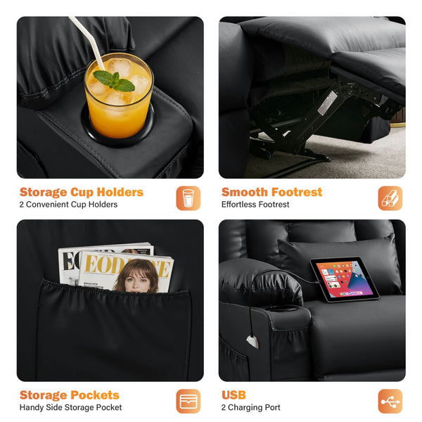 English Elm Recliner Loveseat with Massage Heat Pu Leather Dual Seating and Usb Charging Ports Black W1521S00082