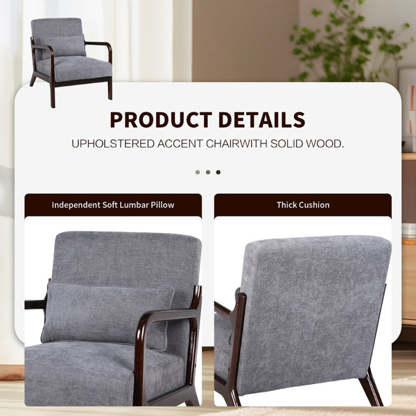 English Elm Mid Century Modern Accent Armchair Rubberwood Frame Lumbar Pillow Living Room Seat W2989P426381