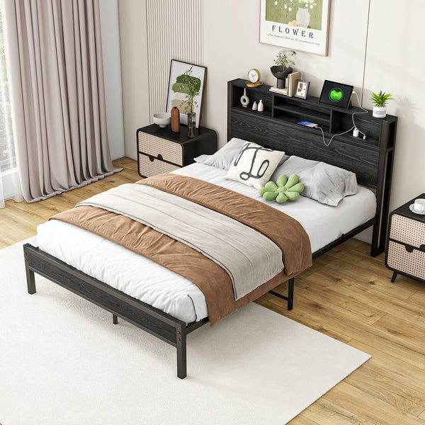 English Elm Full Size Bed Frame with Storage Headboard, Metal Platform with Charging Station, Silent, Sturdy, Black Storage Shelves and Under-Bed Space W840P241043