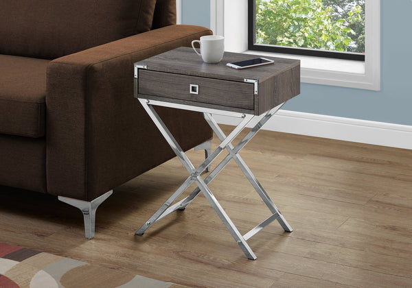 English Elm Accent Rectangular Side Table with Drawer and Chrome X-Leg Base, Modern Retro Nightstand for Living Room Bedroom taupe 25 L x 21 W x 5 H B2710P219333