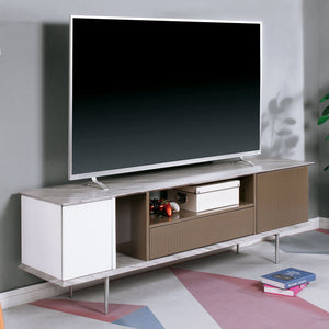 English Elm Modern Multi-Tone TV Console 70" with Open Shelves, Single Drawer, Replicated Marble Top, High-Gloss Finish B2741P361880