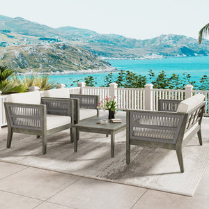 English Elm Christopher Knight Home® - 4-Pieces Acacia Wood Patio Furniture Set with Grey Rope & Beige Cushions, Weatherproof Deep Seating Set N780P171148F