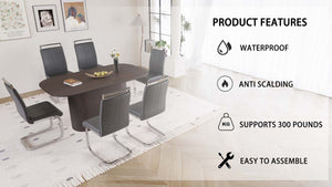 English Elm 63" Modern Medieval Brown Mdf Dining Table & 6 Pu Armless Chairs Set With Silver Legs For Style & Comfort W2189S00679