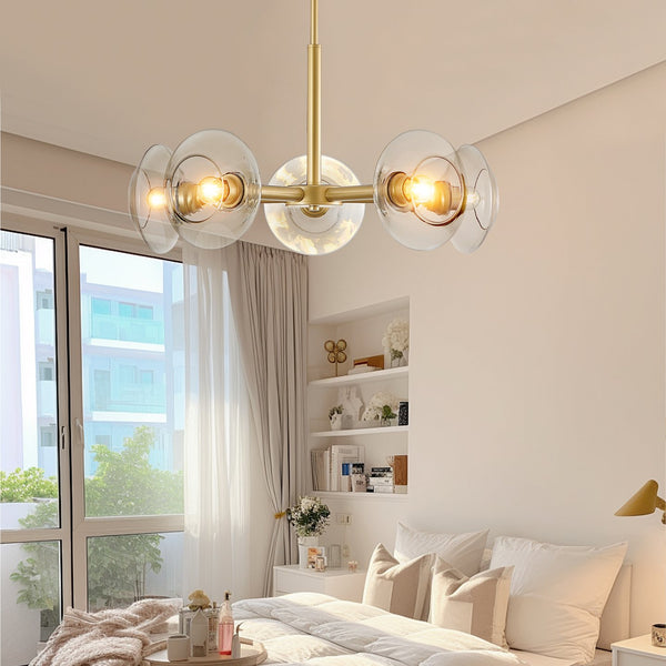 English Elm 26" Modern Gold 5-Light Sputnik Chandelier with Clear Glass Shades, Mid-Century Pendant for Dining W1340P233172