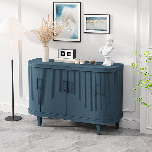 English Elm Modern Curved Sideboard Solid Wood Console Table with 4 Doors, Adjustable Shelves & Zinc Handles for Living Room Storage Scandi Style, Durable 220lb Top Capacity Blue W757P190337