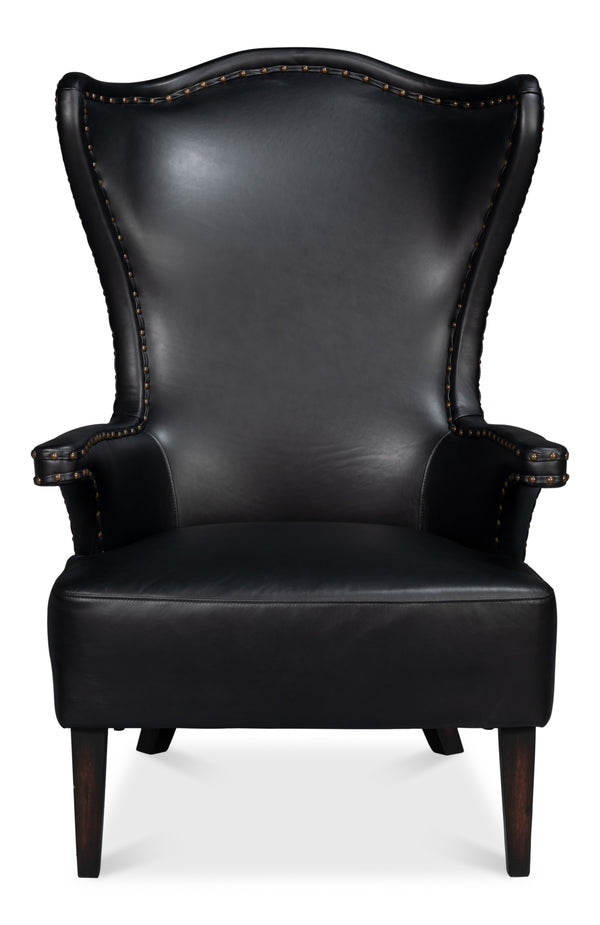 Sarreid Drake Distilled Leather Chair In Onyx Black With Antique Brass Nail Heads For Timeless Elegance Black  54100