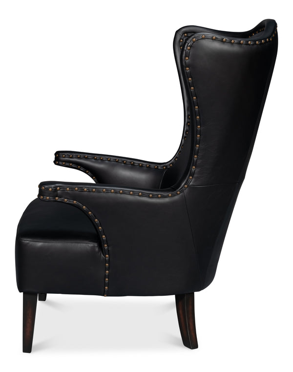Sarreid Drake Distilled Leather Chair In Onyx Black With Antique Brass Nail Heads For Timeless Elegance Black  54100