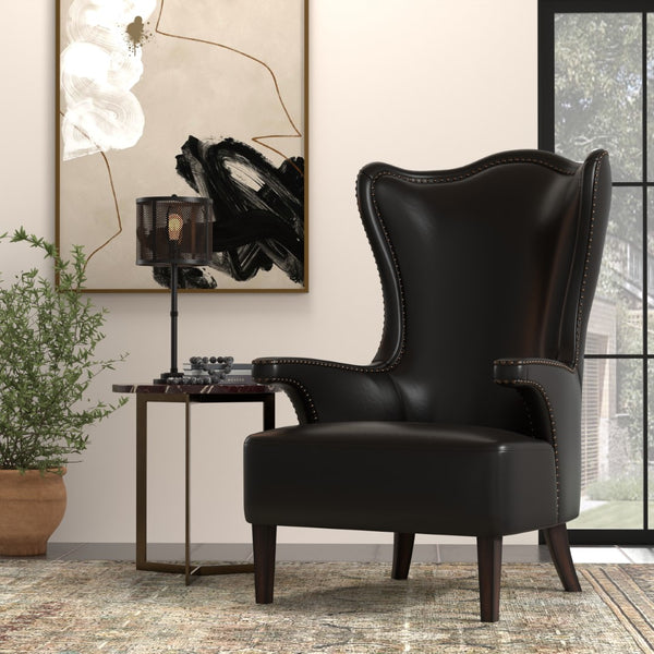 Sarreid Drake Distilled Leather Chair In Onyx Black With Antique Brass Nail Heads For Timeless Elegance Black  54100