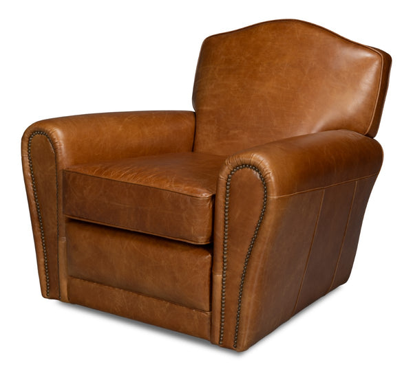 Sarreid Elite French Club Swivel Chair In Cuba Brown Leather - Luxurious Top Grain & Stylish Metal Base Brown  54101