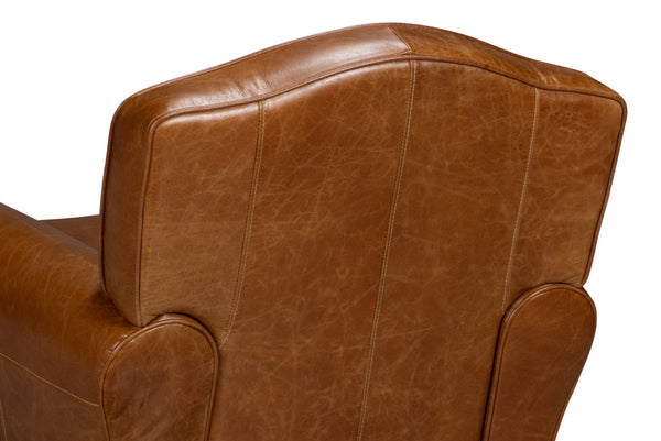Sarreid Elite French Club Swivel Chair In Cuba Brown Leather - Luxurious Top Grain & Stylish Metal Base Brown  54101