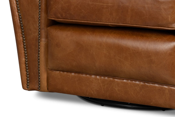 Sarreid Elite French Club Swivel Chair In Cuba Brown Leather - Luxurious Top Grain & Stylish Metal Base Brown  54101