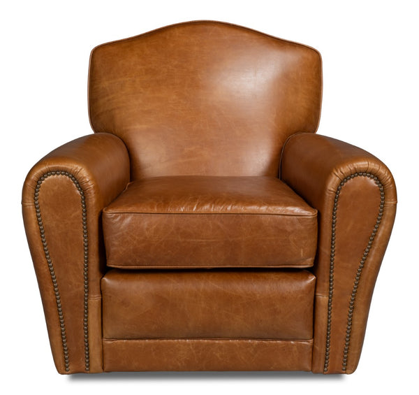 Sarreid Elite French Club Swivel Chair In Cuba Brown Leather - Luxurious Top Grain & Stylish Metal Base Brown  54101