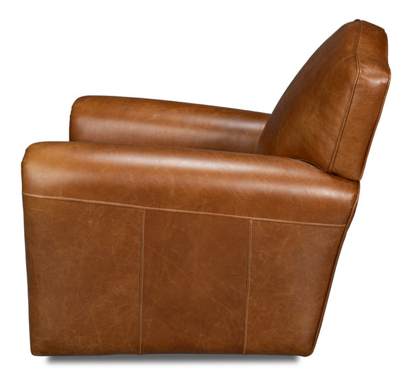 Sarreid Elite French Club Swivel Chair In Cuba Brown Leather - Luxurious Top Grain & Stylish Metal Base Brown  54101