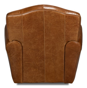 Sarreid Elite French Club Swivel Chair In Cuba Brown Leather - Luxurious Top Grain & Stylish Metal Base Brown  54101
