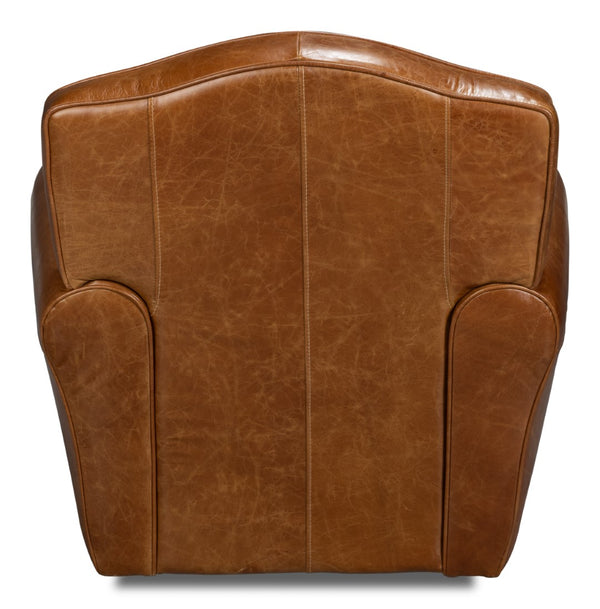 Sarreid Elite French Club Swivel Chair In Cuba Brown Leather - Luxurious Top Grain & Stylish Metal Base Brown  54101