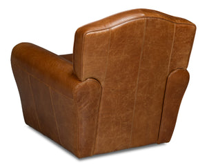 Sarreid Elite French Club Swivel Chair In Cuba Brown Leather - Luxurious Top Grain & Stylish Metal Base Brown  54101