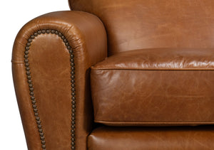 Sarreid Elite French Club Swivel Chair In Cuba Brown Leather - Luxurious Top Grain & Stylish Metal Base Brown  54101