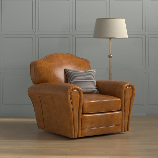 Sarreid Elite French Club Swivel Chair In Cuba Brown Leather - Luxurious Top Grain & Stylish Metal Base Brown  54101