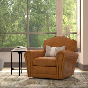 Sarreid Elite French Club Swivel Chair In Cuba Brown Leather - Luxurious Top Grain & Stylish Metal Base Brown  54101