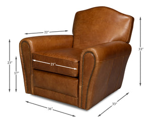 Sarreid Elite French Club Swivel Chair In Cuba Brown Leather - Luxurious Top Grain & Stylish Metal Base Brown  54101