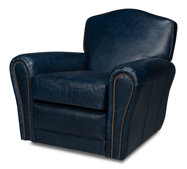 Sarreid Elite French Club Swivel Chair In Chateau Blue Leather – Luxurious Design With Durable Metal Base Blue  54102