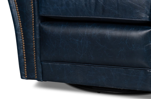 Sarreid Elite French Club Swivel Chair In Chateau Blue Leather – Luxurious Design With Durable Metal Base Blue  54102