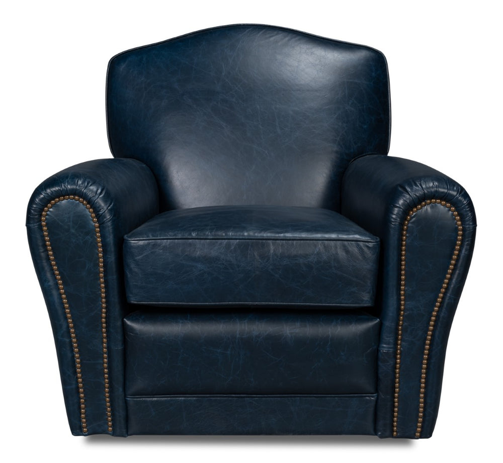 Sarreid Elite French Club Swivel Chair In Chateau Blue Leather – Luxurious Design With Durable Metal Base Blue  54102