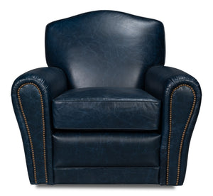 Sarreid Elite French Club Swivel Chair In Chateau Blue Leather – Luxurious Design With Durable Metal Base Blue  54102