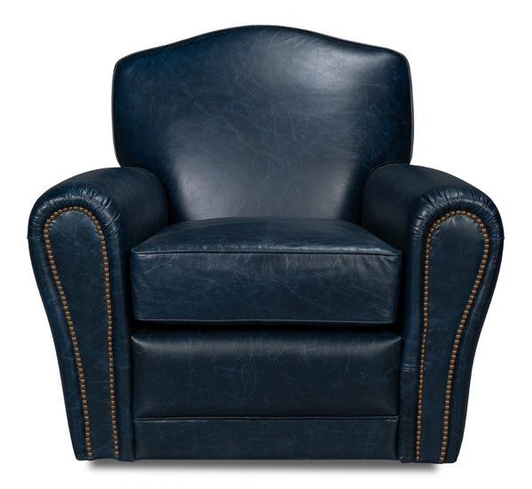 Sarreid Elite French Club Swivel Chair In Chateau Blue Leather – Luxurious Design With Durable Metal Base Blue  54102