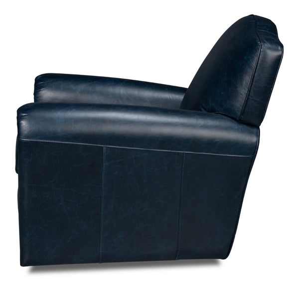 Sarreid Elite French Club Swivel Chair In Chateau Blue Leather – Luxurious Design With Durable Metal Base Blue  54102