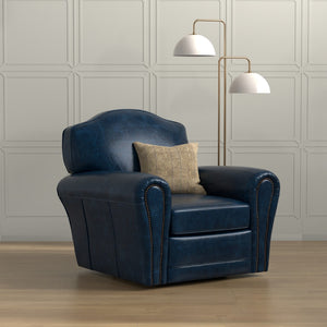 Sarreid Elite French Club Swivel Chair In Chateau Blue Leather – Luxurious Design With Durable Metal Base Blue  54102