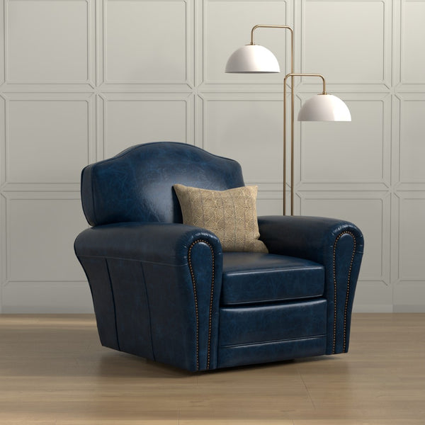 Sarreid Elite French Club Swivel Chair In Chateau Blue Leather – Luxurious Design With Durable Metal Base Blue  54102