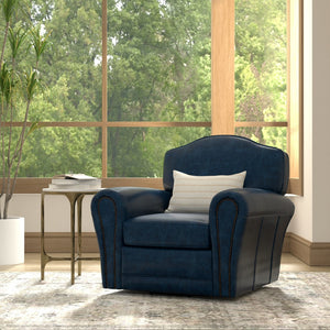 Sarreid Elite French Club Swivel Chair In Chateau Blue Leather – Luxurious Design With Durable Metal Base Blue  54102