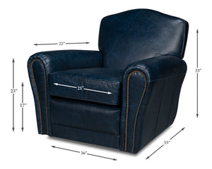 Sarreid Elite French Club Swivel Chair In Chateau Blue Leather – Luxurious Design With Durable Metal Base Blue  54102