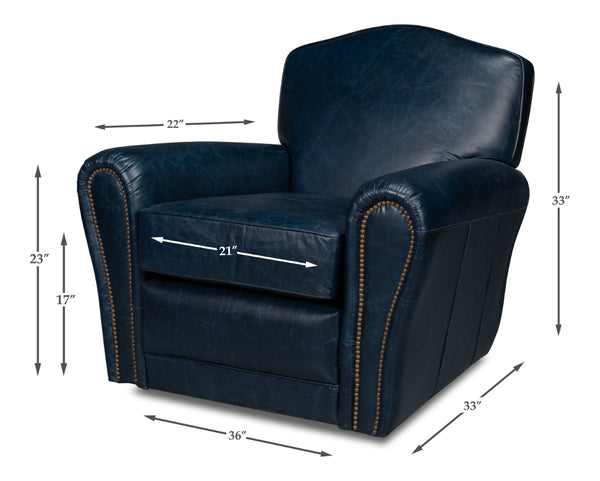 Sarreid Elite French Club Swivel Chair In Chateau Blue Leather – Luxurious Design With Durable Metal Base Blue  54102