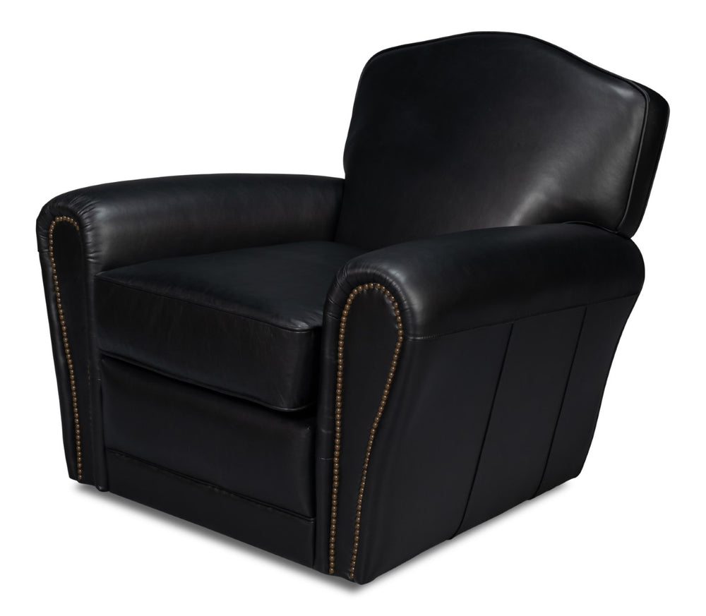 Sarreid Elite French Club Swivel Chair In Onyx Black Leather - Stylish Comfort With Durable Metal Base Black  54103